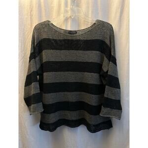 Eileen Fisher Black Gray Stripe Knit Crewneck Sweater Linen Size Small